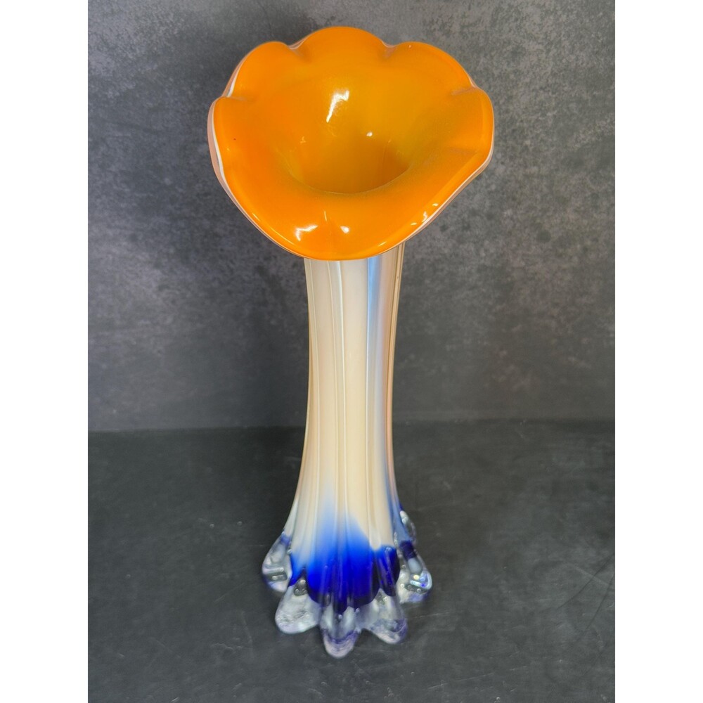 Murano Art Glass Vase Orange Blue White Sommerso 11.5"
